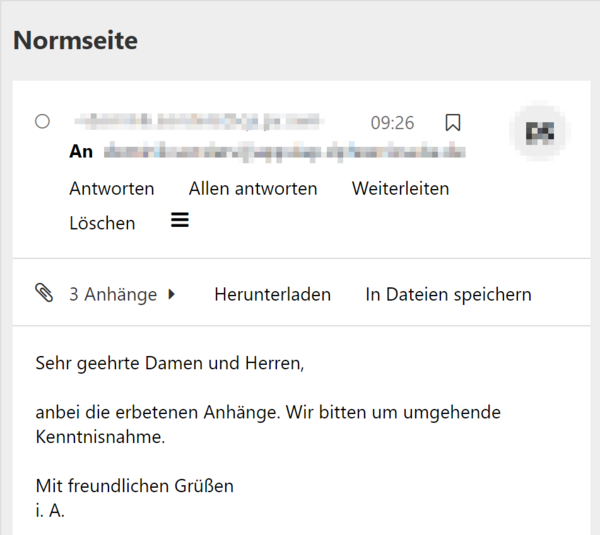 Beispiel-E-Mail mit drei Anhängen und den Optionen "Herunterladen" sowie "In Dateien speichern"