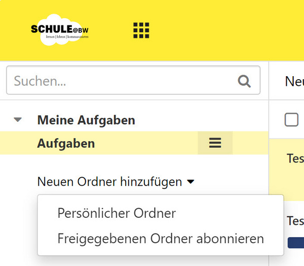 Der Punkt "Neuen Ordner hinzufügen" mit den Unterpunkten "Persönlicher Ordner" und "Freigegebenen Ordner abonnieren" (in der Ordnerliste)