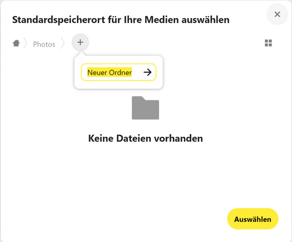 Das Fenster "Standardspeicherort für Ihre Medien auswählen"; die Namenseingabe für einen neuen Ordner ist geöffnet