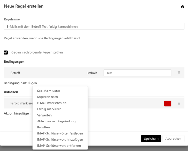 Aktion hinzufügen im Fenster "Neue Regel erstellen"