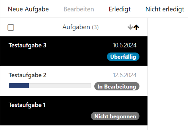 Auswahl mehrerer Aufgaben aus der Aufgabenliste, darüber die Werkzeugleiste mit den Schaltflächen "Erledigt" und "Nicht erledigt"