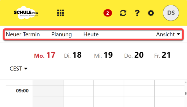 Die Kalender-Menüleiste, darunter der Kalender
