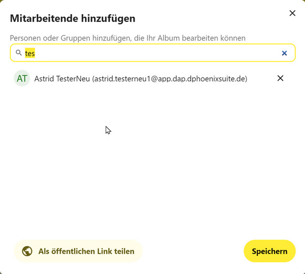 Eine Person wurde ausgewählt und erscheint unter dem Suchfeld, ganz rechts das X-Symbol zum Entfernen