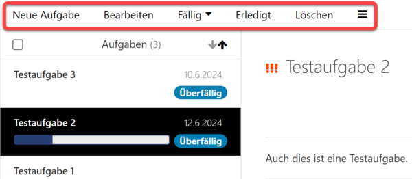 Die Aufgaben-Werkzeugleiste, darunter links die Aufgabenliste und rechts die Detailansicht einer Beispielaufgabe