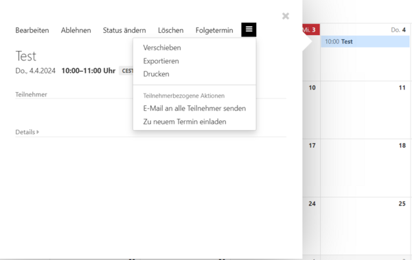 "Weitere Aktionen" Menü in der Terminleiste