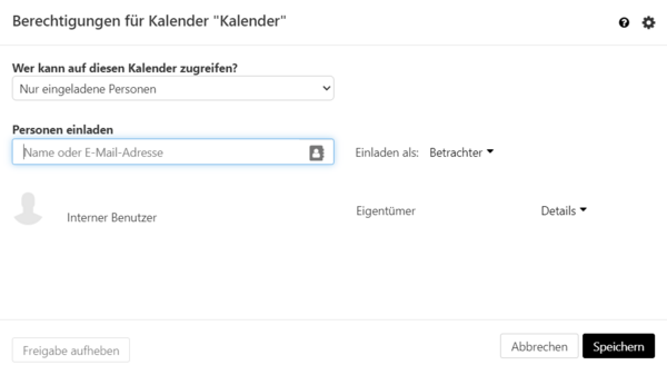 Verwaltung der Zugriffsrechte freigegebener Kalender