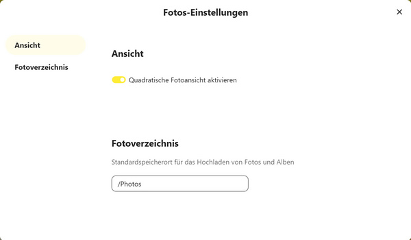 Das Fenster "Fotos-Einstellungen" mit den Abschnitten "Ansicht" und "Fotoverzeichnis"