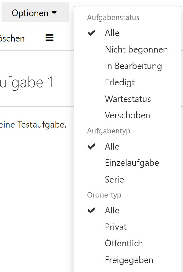 Das Dropdown-Menü "Optionen" mit den Kategorien "Aufgabenstatus", "Aufgabentyp" und "Ordnertyp"