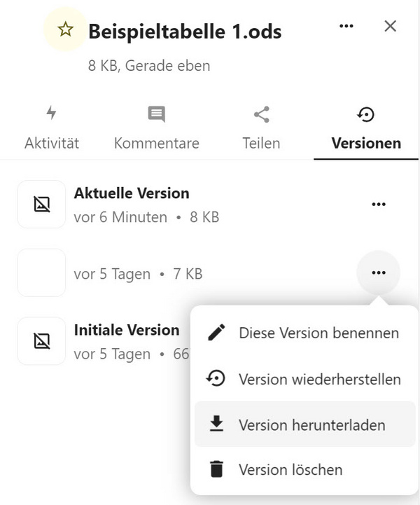 Der Reiter "Versionen" mit geöffnetem Dropdown-Menü für eine der Versionen