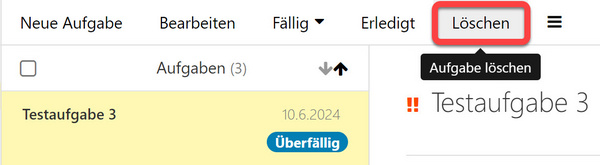 Der Punkt "Löschen" (Aufgabe löschen) in der Aufgaben-Menüleiste