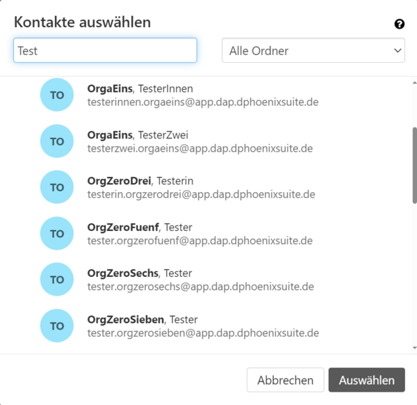 Das Fenster "Kontakte auswählen"