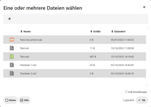 Dateiauswahl (Link von Dateien hinzufügen)