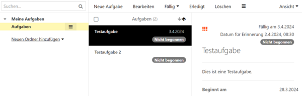 Links die Ordnerliste mit dem Standardordner "Aufgaben", in der Mitte die Aufgabenliste, ganz rechts Details zur ausgewählten Aufgabe