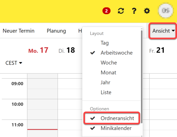 Der Punkt "Ordneransicht" im Dropdown-Menü "Ansicht"