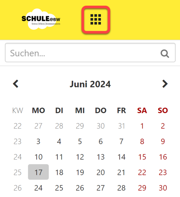 Das Neun-Punkte-Menü (Alle Applikationen) rechts neben dem Logo von Schule@BW, darunter der Kalender