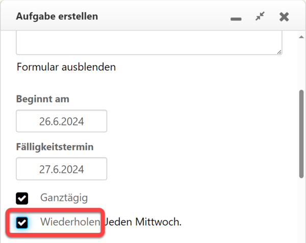 Bei "Wiederholen" im Bearbeitungsfenster wurde ein Haken gesetzt, der aktuelle Tag (Mittwoch) wurde automatisch vorausgewählt