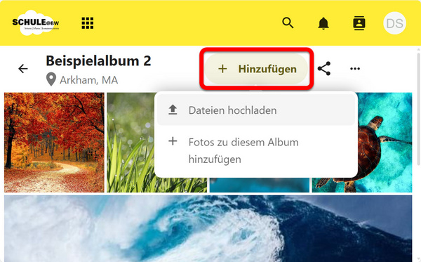 Das Dropdown-Menü zum Hinzufügen innerhalb eines Albums