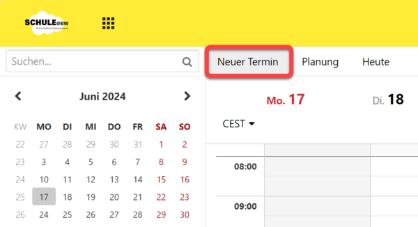 Die Schaltfläche "Neuer Termin" in der Menüleiste des Kalendermoduls