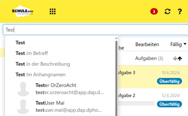 Das Suchfeld und die beschriebenen Suchoptionen als Dropdown-Menü zum Suchbegriff "Test"