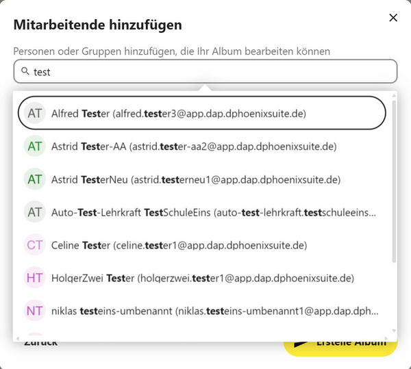 Mitarbeitende hinzufügen, gewünschte Personen suchen und auswählen