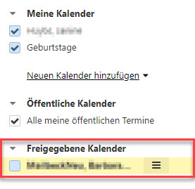 Ansicht der freigegebenen Kalender