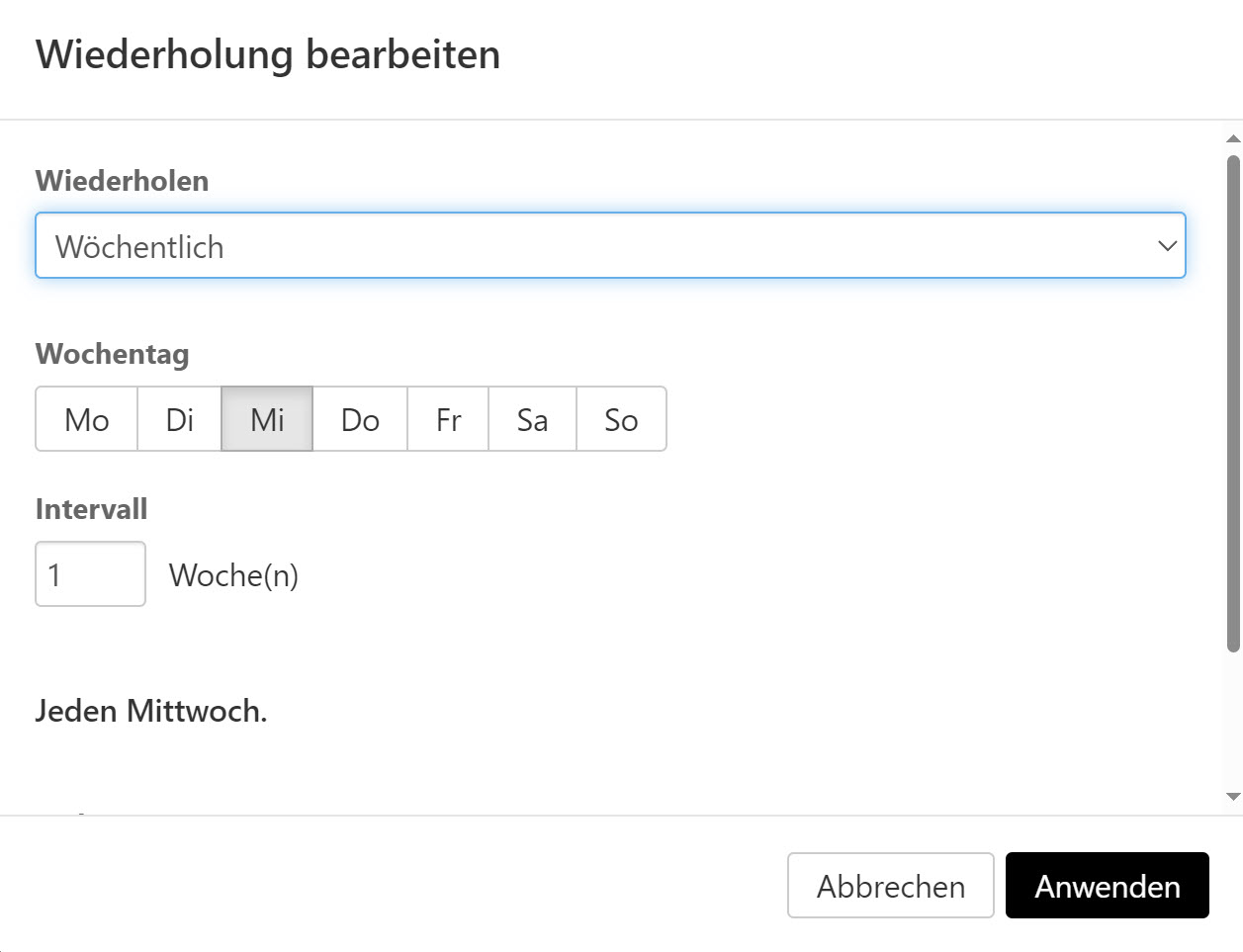 Das Fenster "Wiederholung bearbeiten" mit den beschriebenen Einstellmöglichkeiten