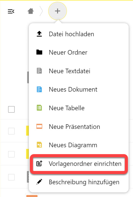 Der Punkt "Vorlagenordner einrichten" im Menü für neue Dateien