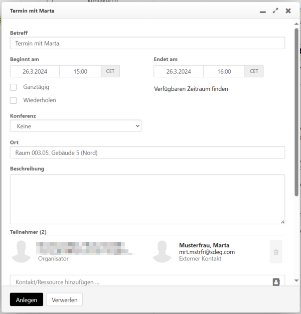 Einen Termin anlegen, zu dem sofort ein Kontakt eingeladen wird