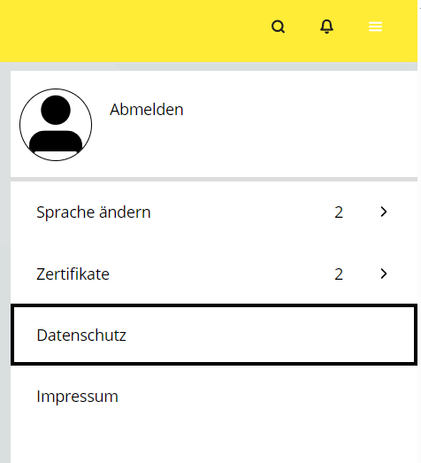 Hamburger-Menü mit "Datenschutz"