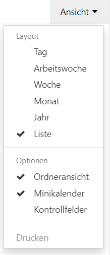 Ansichtsmenü der Kalenderleiste
